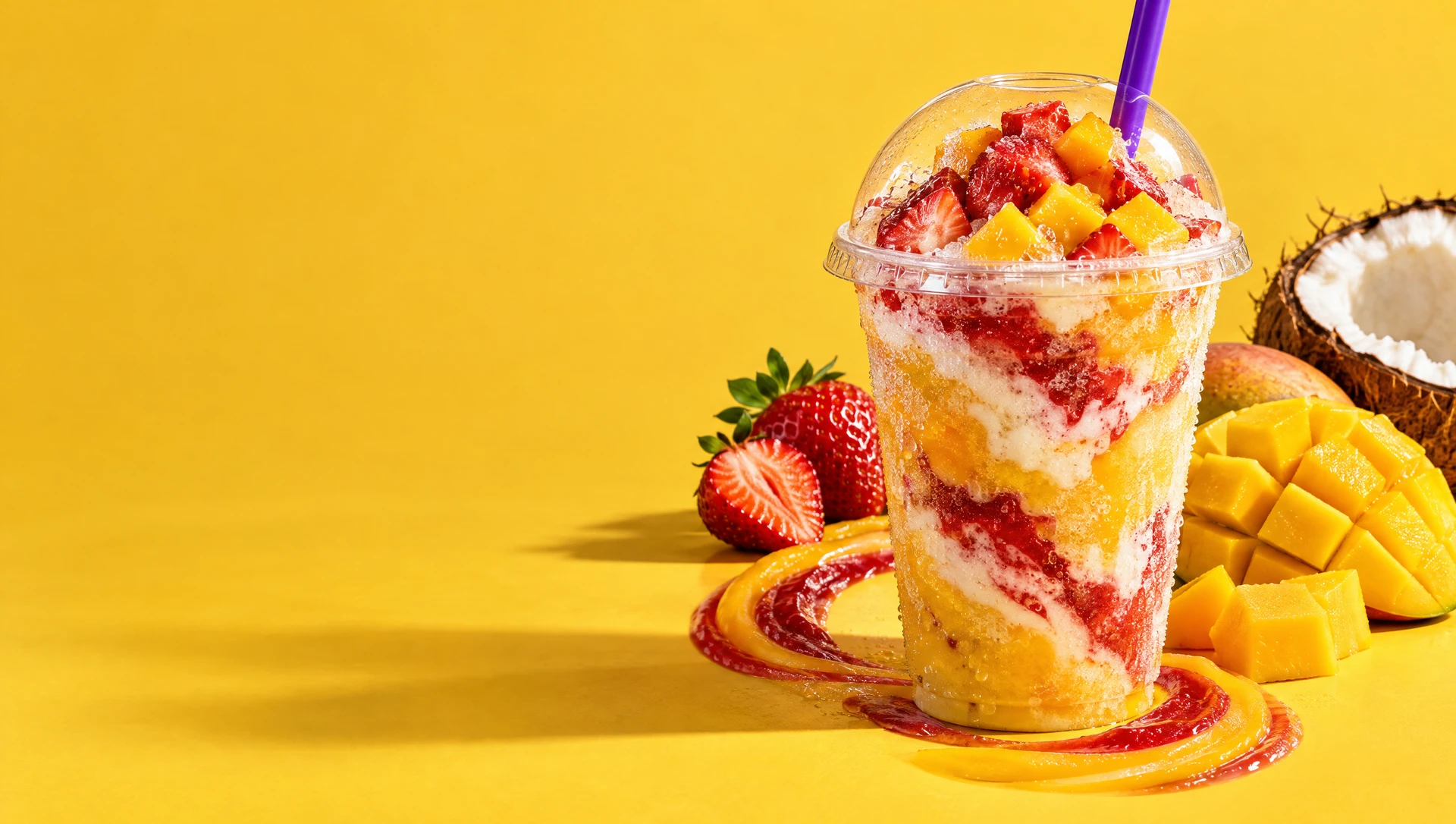 Strawberry and mango Duvalin freeze with fresh fruit