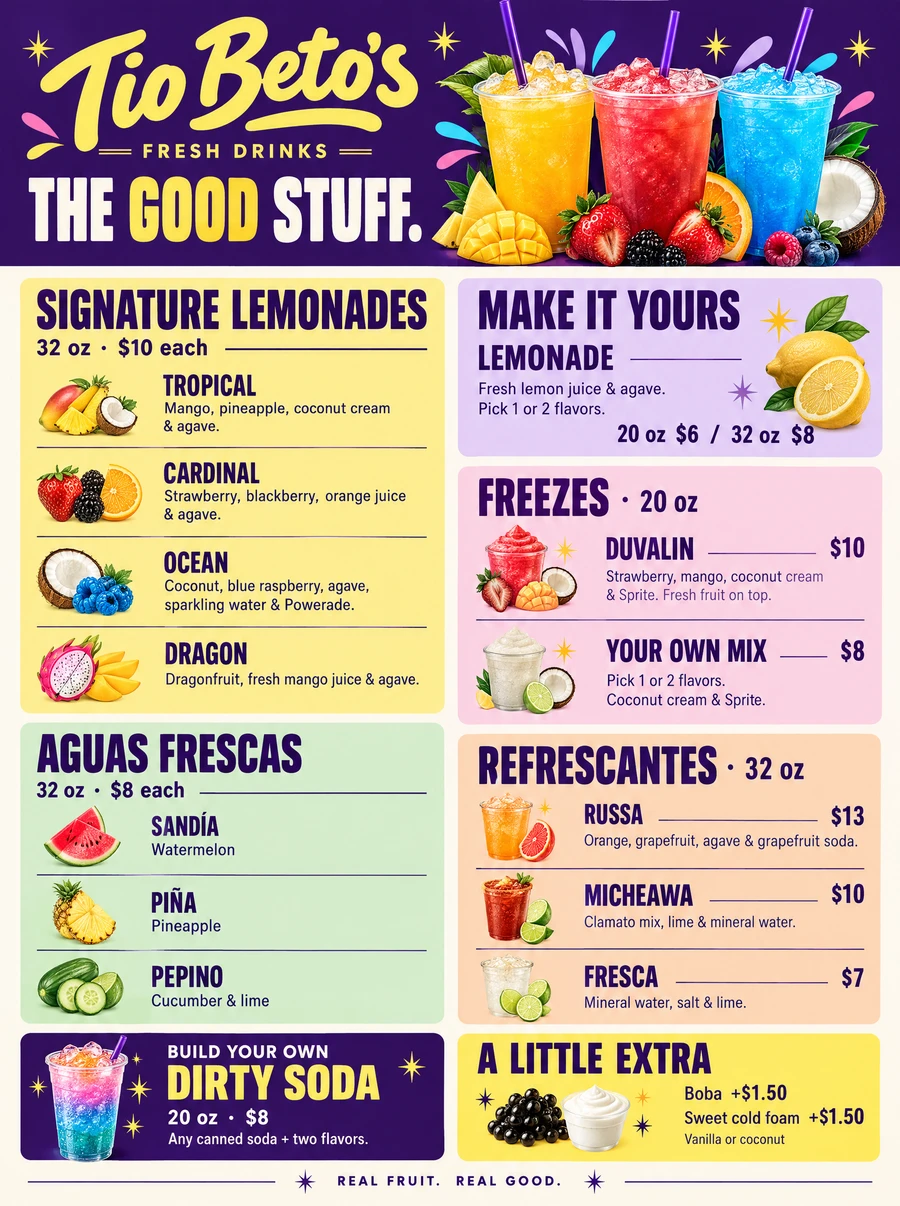 Tio Beto’s fresh-drinks graphic menu