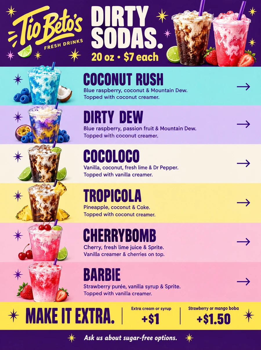 Tio Beto’s specialty dirty-soda graphic menu