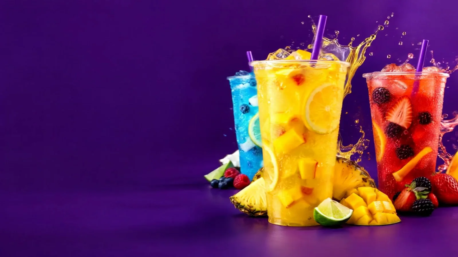 Mango, berry and blue lemonade surrounded by fresh fruit