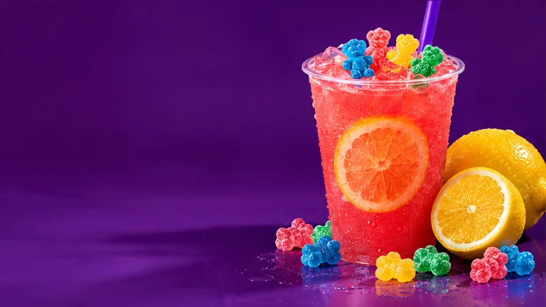 Sour Patch Kids lemonade with its fruit-inspired backdrop